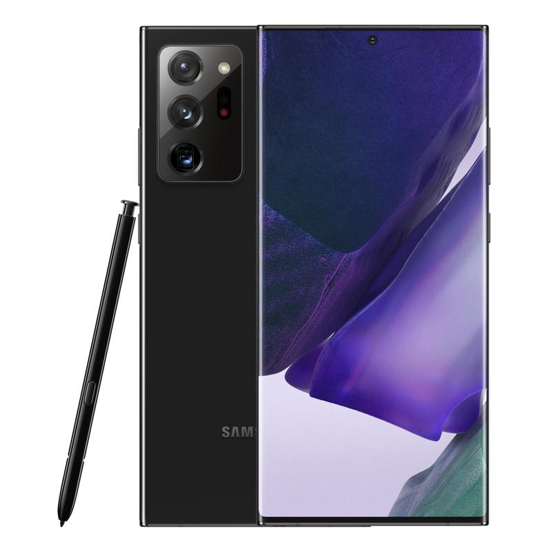 Samsung Galaxy Note20 Ultra 5G in Mystic Black with a 6.9-inch Super AMOLED+ display, showcasing its sleek design and advanced camera system.